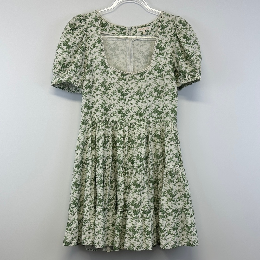 Krewe Du Q Green Floral Toile Puff Sleeve Cottagecore Mini Dress Size S